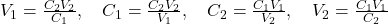  V_1 = \frac{C_2V_2}{C_1}, \quad C_1 = \frac{C_2V_2}{V_1}, \quad C_2 = \frac{C_1V_1}{V_2}, \quad V_2 = \frac{C_1V_1}{C_2} 